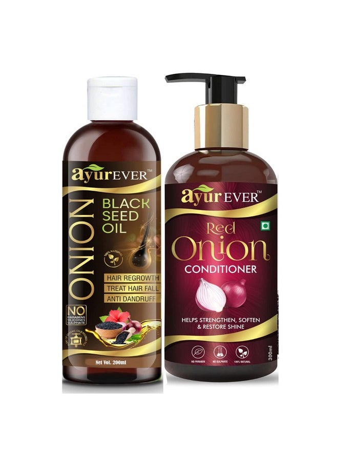 AYUREVER - Red Onion Black Seed Oil - 200 Ml With Onion Conditioner - 300 Ml Combo Pack (Blackseed200+Conditioner) - Image 1