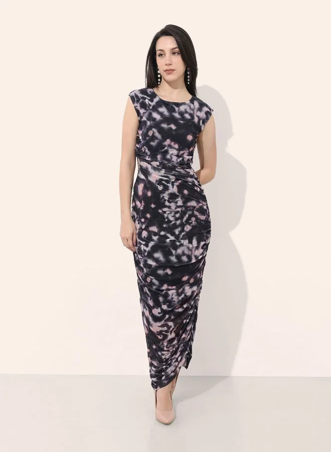 Freehand  Women Regular Fit Abstract Printed Round Neck Long Sleeve Ruched Dress for Women | Best Price UAE