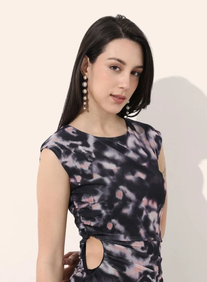 Freehand  Women Regular Fit Abstract Printed Round Neck Long Sleeve Ruched Dress for Women | Best Price UAE