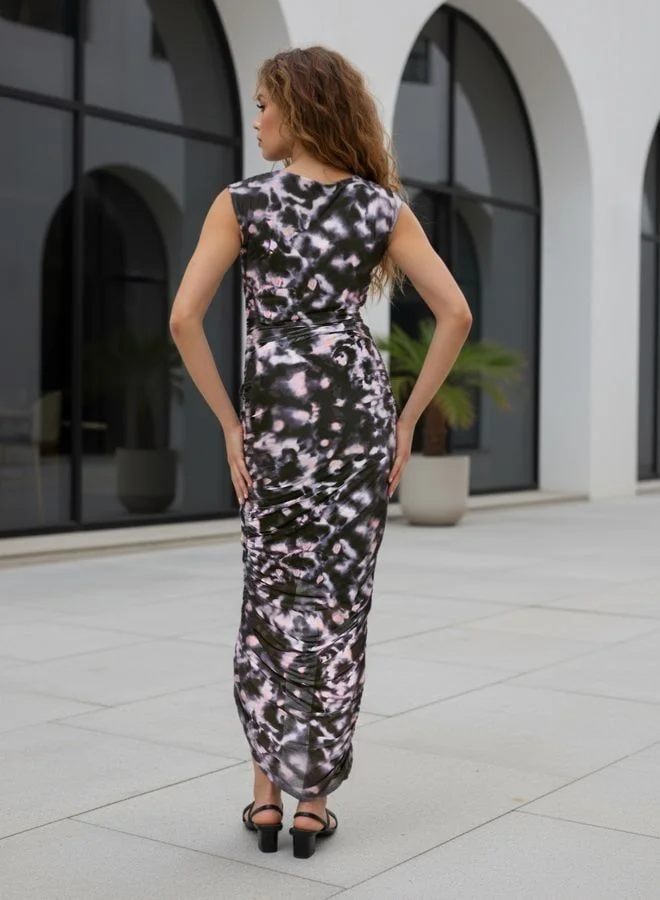 Freehand  Women Regular Fit Abstract Printed Round Neck Long Sleeve Ruched Dress for Women | Best Price UAE