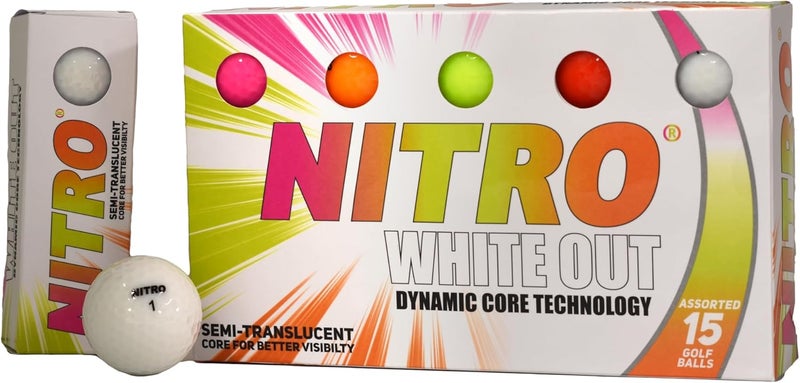 Nitro Long Distance Peak Performance Golf Balls (15PK) All Levels- White Out 70 Compression High Velocity White Hot Core Long Distance Golf Balls USGA Approved-Total of 15-Multi-color - Image 1