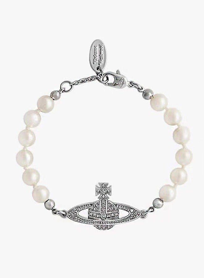 بيوند سوار لؤلؤة زحل الماسي ، سوار طلاء الفضة المضاد للصدأ والباهت ، الإسورة للمجوهرات النسائية (فضي) - Image 1