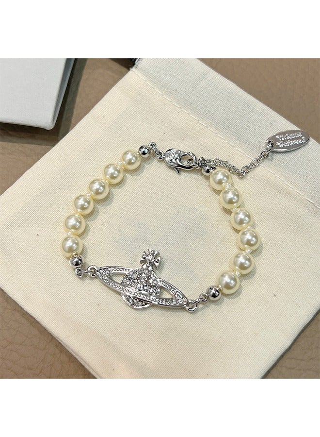 بيوند سوار لؤلؤة زحل الماسي ، سوار طلاء الفضة المضاد للصدأ والباهت ، الإسورة للمجوهرات النسائية (فضي) - Image 5