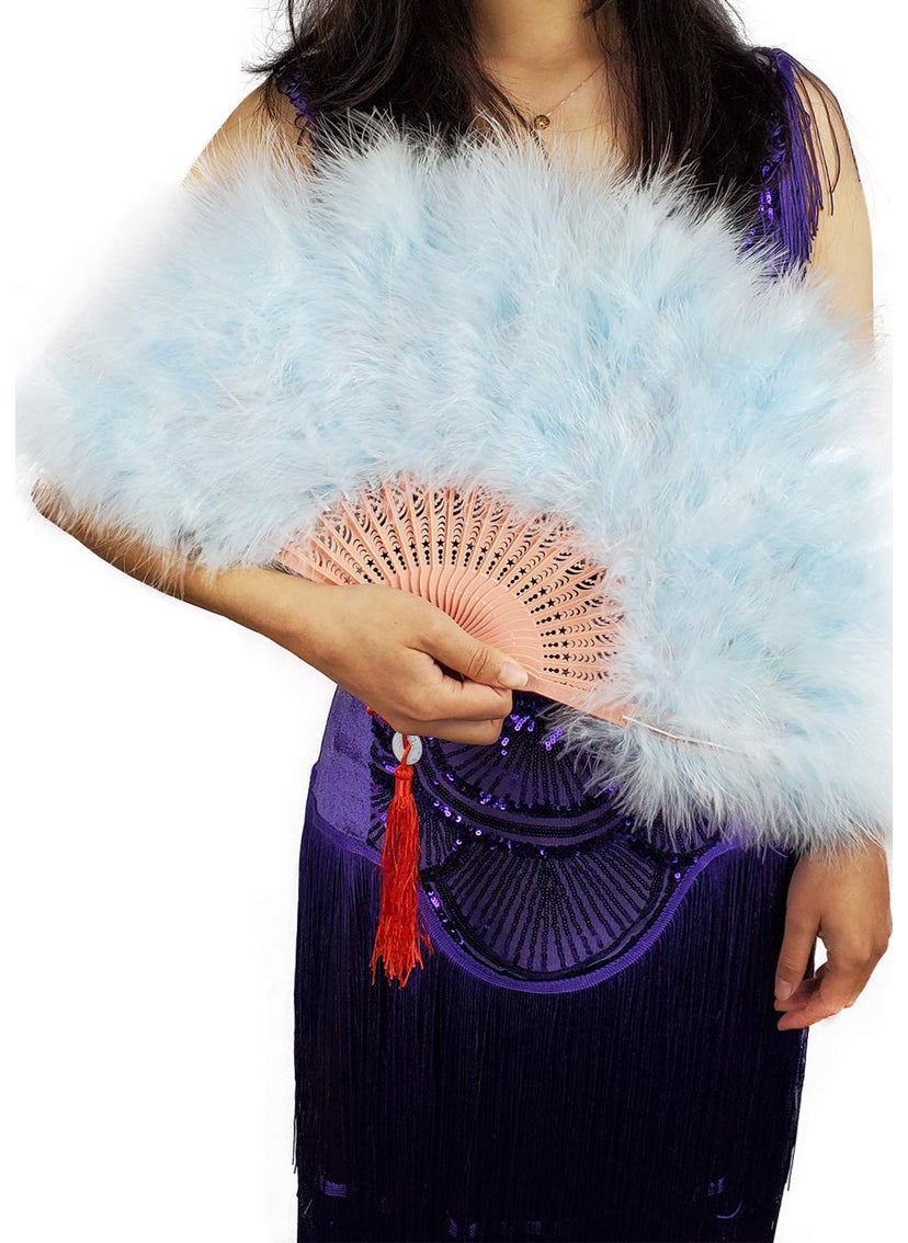 HAPPY FEATHER Happy Feather Handheld Marabou Feather Fan 1920s Vintage Style Flapper Hand Fan for Costume Party and DancingLight Blue 