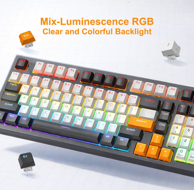 فوريف لوحة مفاتيح FOREV الميكانيكية للألعاب، 98 مفتاحًا، سلكية، بإضاءة خلفية RGB، وتقنية منع التداخل، ومفاتيح حمراء، مع كابل بطول 1.5 متر، متوافقة مع أجهزة Mac Mini وPC - أسود مع أبيض وبرتقالي - Image 3