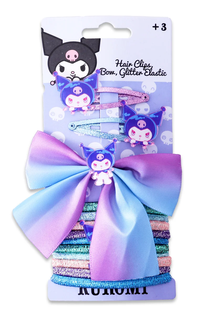 سانريو Sanrio - Kuromi - 2 Hair Clips - 1bow - 10 Glitter Elastic