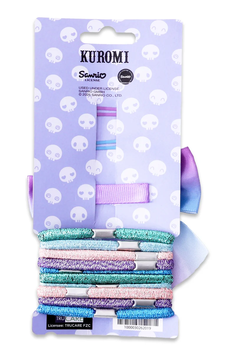سانريو Sanrio - Kuromi - 2 Hair Clips - 1bow - 10 Glitter Elastic