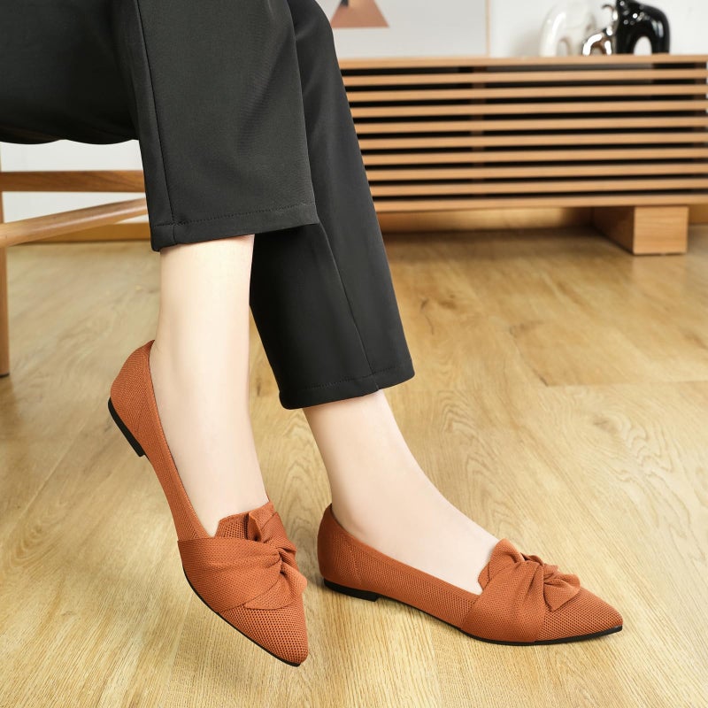 HIULYCENCE Fall Flat Shoes Women Pointed Toe Ballet Flats with Bow Comfortable Knit Dressy Flats Brown US8.5 - Image 3