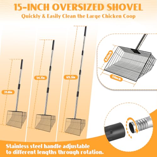 CAROD 15"-Large Thickened Chicken Poop Scooper, 24 to 68" Adjustable Chicken Coop Scoop for Poop with Stainless Steel Handle, Litter Scooper Sifting Shovel Chicken Coop Accessories - Image 3