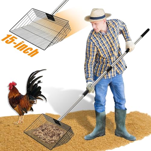 CAROD 15"-Large Thickened Chicken Poop Scooper, 24 to 68" Adjustable Chicken Coop Scoop for Poop with Stainless Steel Handle, Litter Scooper Sifting Shovel Chicken Coop Accessories - Image 1