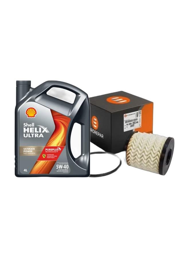 Shell Helix Ultra 5W-40 Motor Oil 4 Liter & ENGINE OIL FILTER Peugeot 301 - 3008 - 5008 - 508 / Citroën C-Elysée - C5 - C4 / DS7 / Opel Grand Land / Mini Cooper R56 2006-2013  - Made In France Bundle - Image 1
