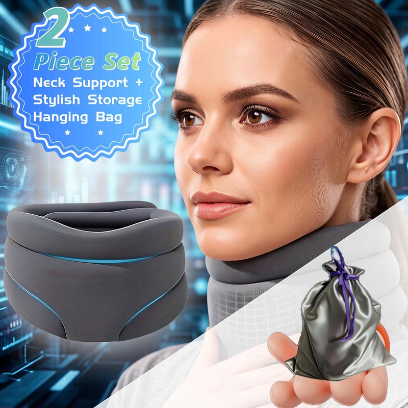 Adjustable Neck Pillow 2 Piece Set Black Ergonomic Support for Travel Office Sleep - Image 1