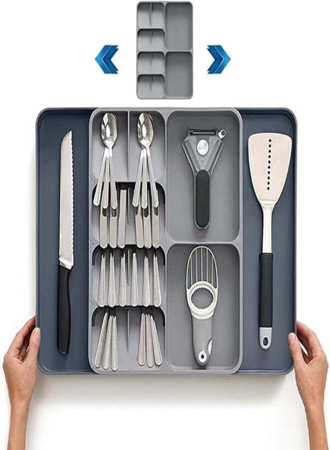 AMERTEER Cutlery Tray | Adjustable Kitchen Drawer Organizer for Utensils | Multi-Compartment Storage Tray for Spoon, Fork, Knives & Tools | Durable, Space-Saving Kitchen Drawer Organizer Large (Grey)