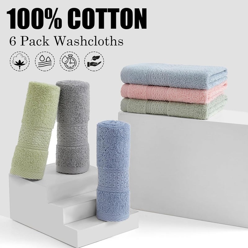 QAJ 6 Pack 100% Cotton Washcloths Set, Highly Absorbent and Soft Feel Fingertip Towels, 13 x 13 in Quick Dry Face Cloths - Image 2