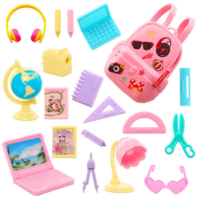 ENOCHT 19 Pcs Girl Doll School Accessories Backpack Mini Desk Lamp Laptop Mini Globe Glasses and Headset for 11.5 Inch Doll School Playset - Image 4