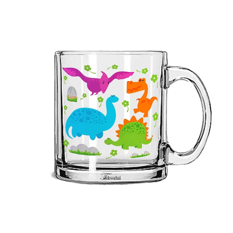 TONKWALAS Funny Dinosaurs Cartoon Printed Transparent Glass Coffee and Tea Mug Gift for Kids, Children (325 ML) - Image 5