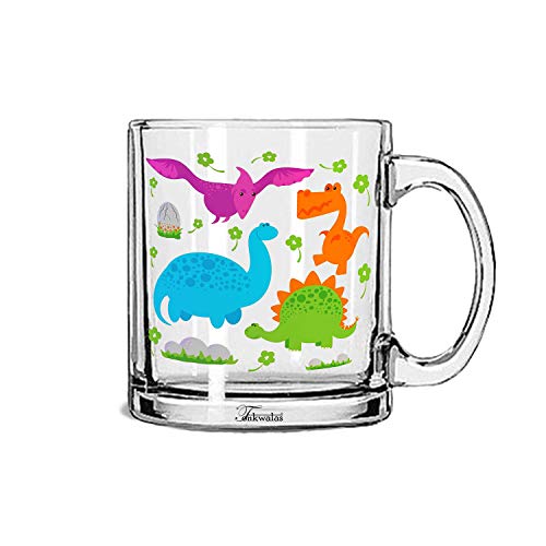TONKWALAS Funny Dinosaurs Cartoon Printed Transparent Glass Coffee and Tea Mug Gift for Kids, Children (325 ML) - Image 1