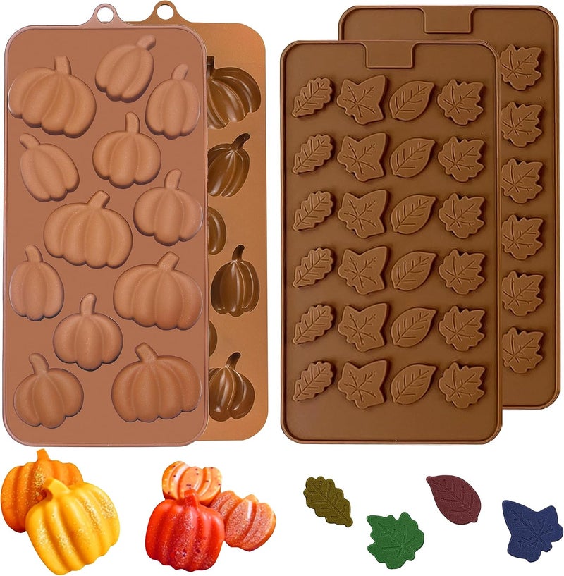 EDUEE Fall Chocolate Molds 4 Pieces Silicone Pumpkin Candy Mold Maple Leaf Shaped Fondant Molds for Thanksgiving Halloween Autumn Harvest Cupcake Cake Topper Decoration - Image 1