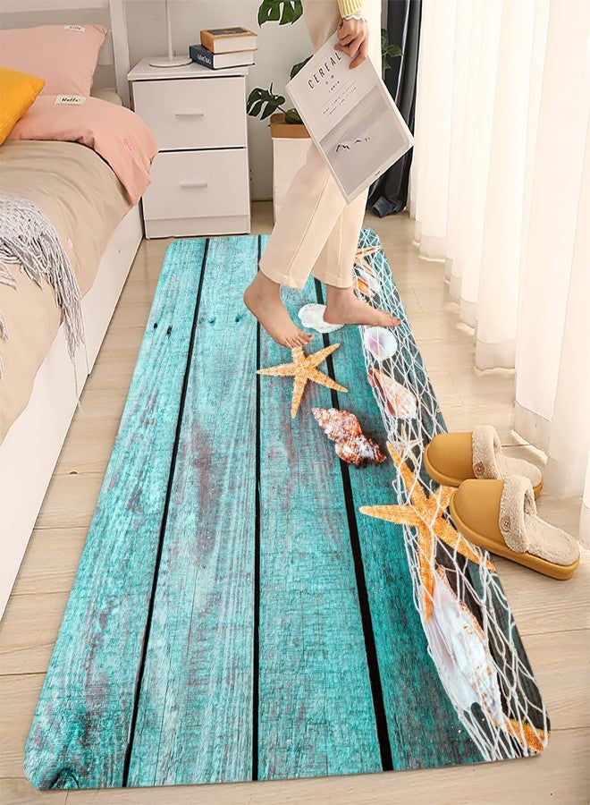 LYFANS Bath Rugs Sponge Foam Absorbent Soft for Bathroom and Kitchen (47x18 inches), Flannel Mat Non Slip Bright 3D Print for Bedside and Living Room(Starfish on Blue Wooden Board) - Image 2