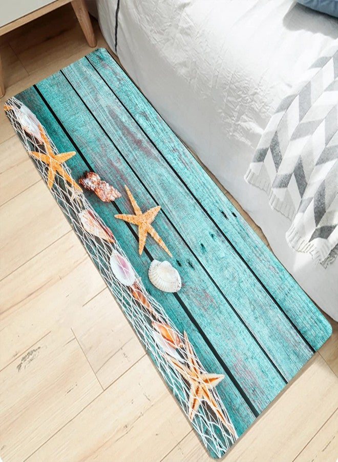 LYFANS Bath Rugs Sponge Foam Absorbent Soft for Bathroom and Kitchen (47x18 inches), Flannel Mat Non Slip Bright 3D Print for Bedside and Living Room(Starfish on Blue Wooden Board) - Image 1