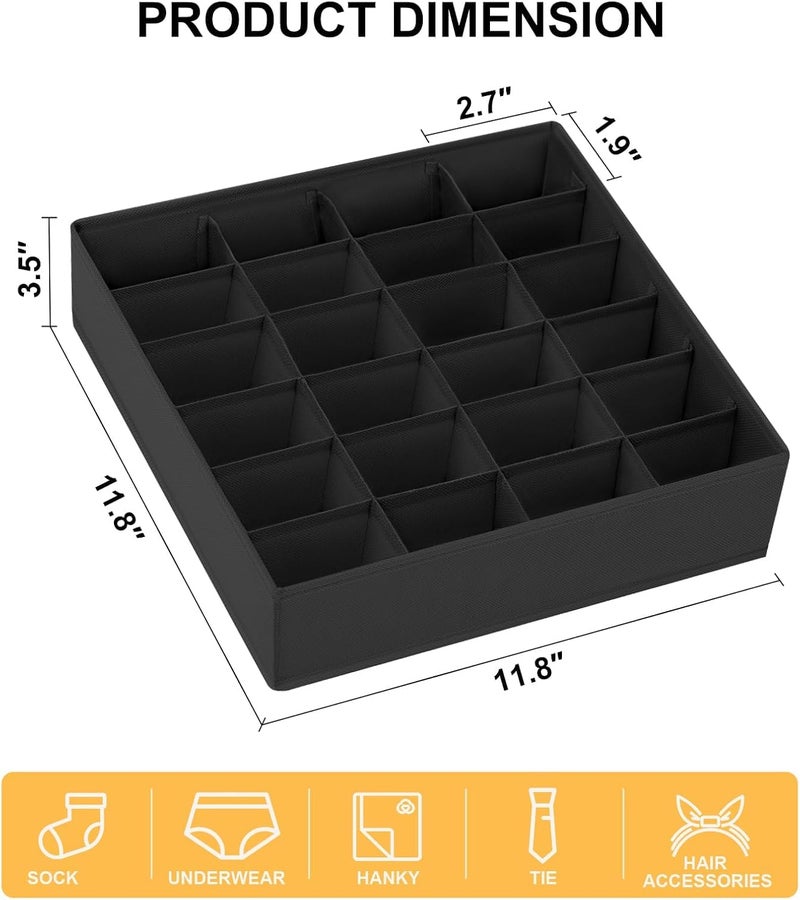 Easortm Underwear Organizer 4 Pack, 24 Cell Sock Drawer Organizer Divider, Sock and Underwear Drawer Organizer Foldable Tie Organizer for Socks, Underwear, Belts, Ties. (Black) - Image 1