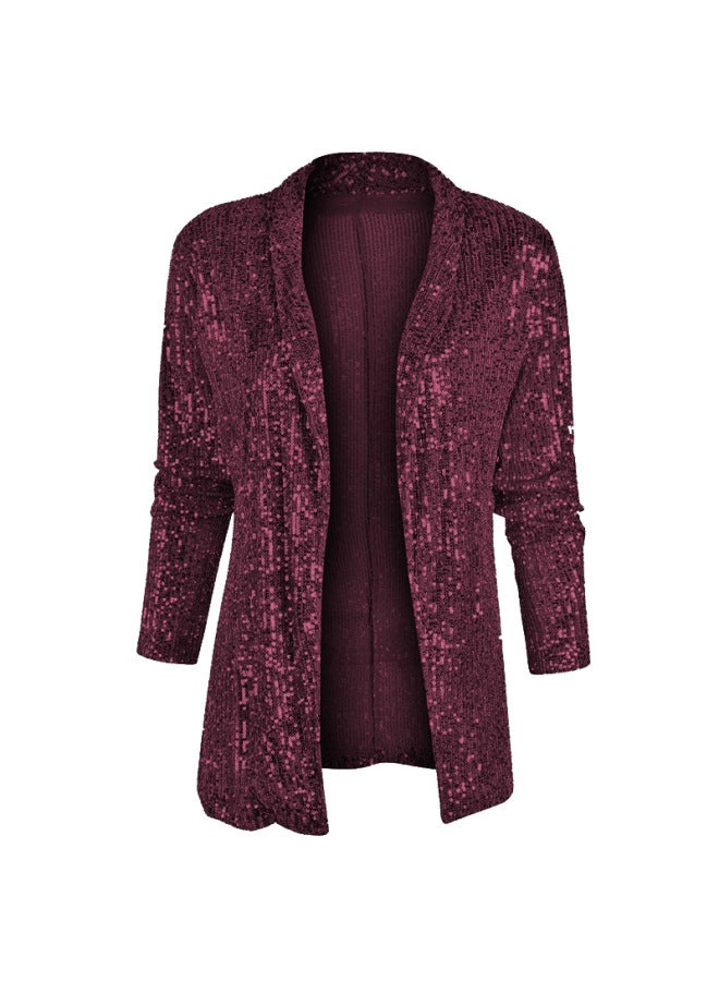 Spring New European And American Sequined Long-sleeved Elegant Mid-length Small Suit Lapel Color Jacket