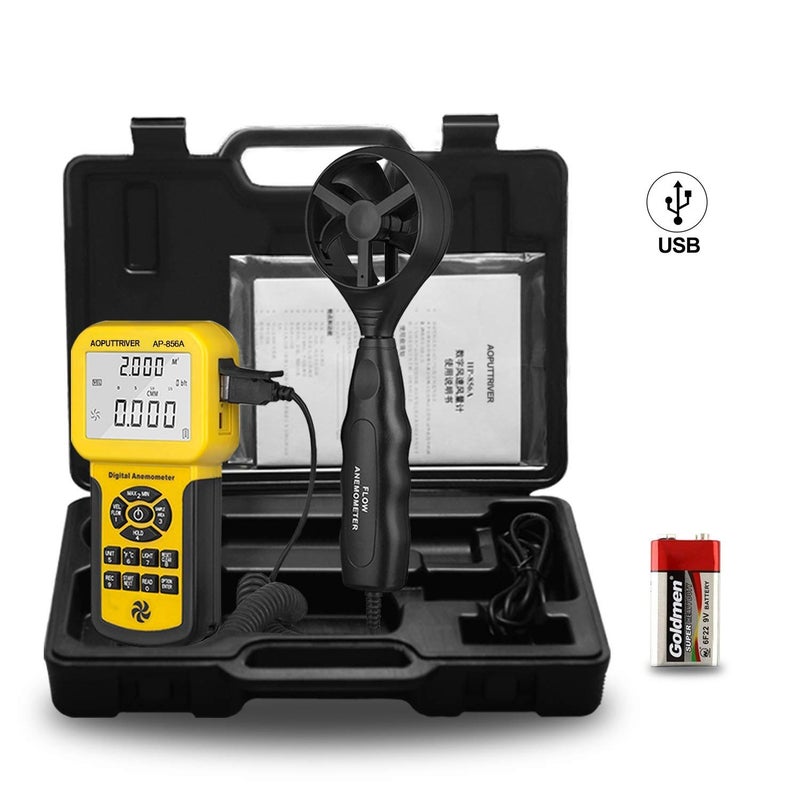 AOPUTTRIVER Pro HVAC Anemometer Handheld CFM Meter Wind Speed Meter with USB Data Export to PC MaxAvgMin Functions for Measuring Wind Speed Air Velocity Wind Temp AP856A