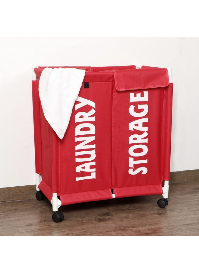 HOKIPO HOKIPO Oxford Fabric Sorter Laundry Basket with Wheels | 2 Compartment Laundry Hamper with Lid Cover | Rolling Laundry Clothes Basket Trolley, 65x61x35 cm, Red (NEW3707)  - Image 2