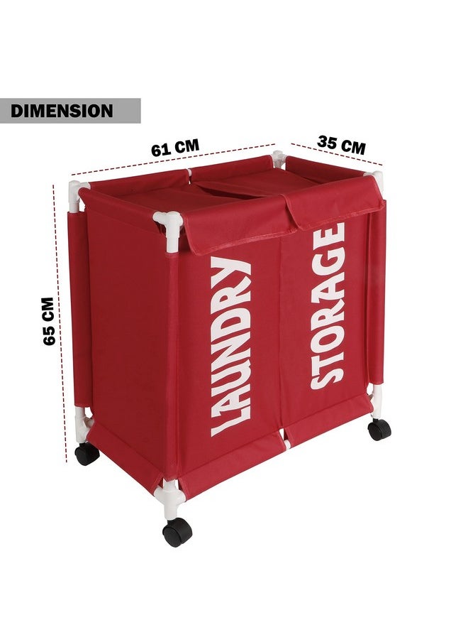 HOKIPO HOKIPO Oxford Fabric Sorter Laundry Basket with Wheels | 2 Compartment Laundry Hamper with Lid Cover | Rolling Laundry Clothes Basket Trolley, 65x61x35 cm, Red (NEW3707)  - Image 5