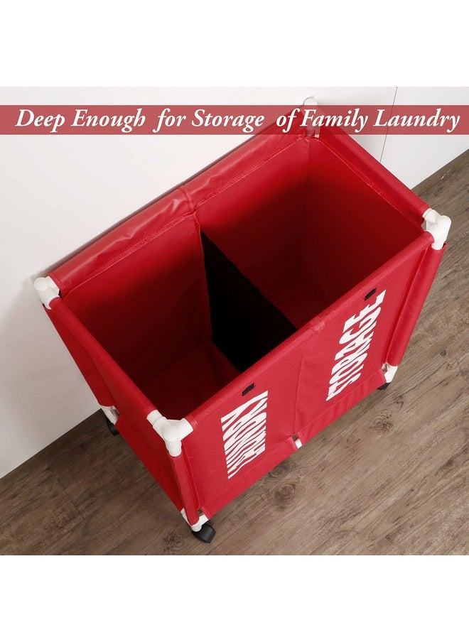 HOKIPO HOKIPO Oxford Fabric Sorter Laundry Basket with Wheels | 2 Compartment Laundry Hamper with Lid Cover | Rolling Laundry Clothes Basket Trolley, 65x61x35 cm, Red (NEW3707)  - Image 3