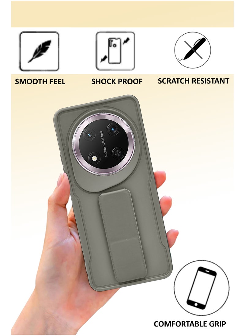 NAFCO For Honor X9c - Hard Silicone Magnetic Back Stand Case  With Foldable Kickstand & Finger Strap  - Grey  - Image 3