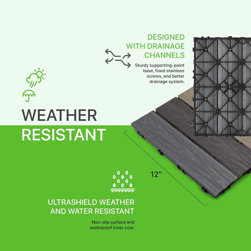 NewTechWood بلاط سطح خارجي مركب سريع التركيب UltraShield Naturale 1 قدم × 1 قدم باللون الرمادي المختلط (10 قدم مربع لكل صندوق) - Image 3