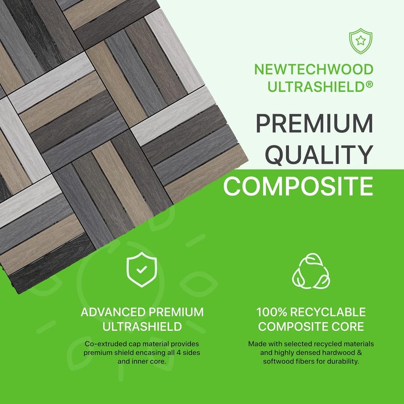 NewTechWood بلاط سطح خارجي مركب سريع التركيب UltraShield Naturale 1 قدم × 1 قدم باللون الرمادي المختلط (10 قدم مربع لكل صندوق) - Image 2