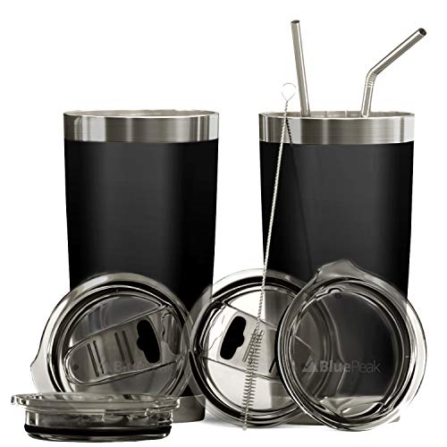 BluePeak Double Wall Vacuum Stainless Steel Insulated Tumblers Set, 2-Pack - Includes 2 Sipping Lids, 2 Spill-Proof Sliding Lids, 2 Straws, 1 Cleaning Brush & Gift Box (20 oz, Black) - Image 1