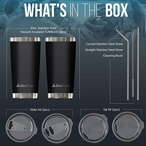 BluePeak Double Wall Vacuum Stainless Steel Insulated Tumblers Set, 2-Pack - Includes 2 Sipping Lids, 2 Spill-Proof Sliding Lids, 2 Straws, 1 Cleaning Brush & Gift Box (20 oz, Black) - Image 3