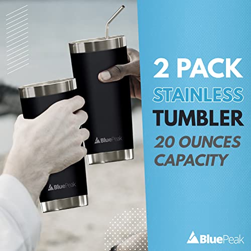 BluePeak Double Wall Vacuum Stainless Steel Insulated Tumblers Set, 2-Pack - Includes 2 Sipping Lids, 2 Spill-Proof Sliding Lids, 2 Straws, 1 Cleaning Brush & Gift Box (20 oz, Black) - Image 5