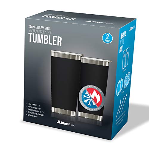BluePeak Double Wall Vacuum Stainless Steel Insulated Tumblers Set, 2-Pack - Includes 2 Sipping Lids, 2 Spill-Proof Sliding Lids, 2 Straws, 1 Cleaning Brush & Gift Box (20 oz, Black) - Image 2