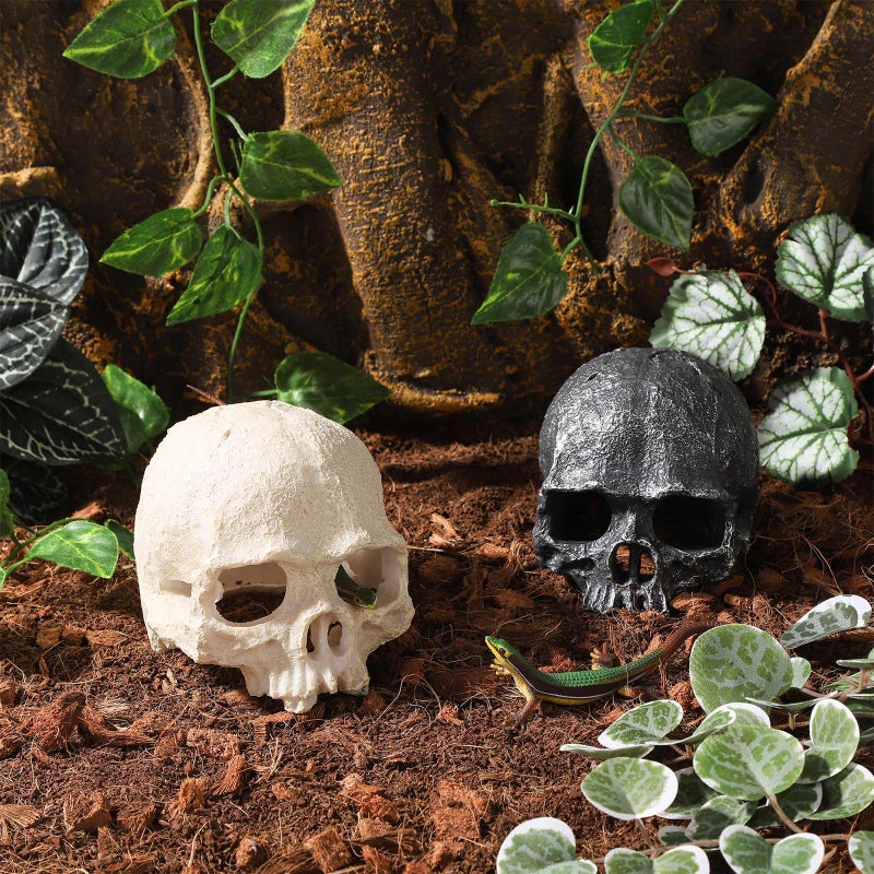 TkoYuHm Resin Reptile Hideout for Tank Realistic Skull Decor for Terrarium Black Decorative Skeleton Head Hides and Caves for Fish Ball Python Axolotl Tarantula - Image 5