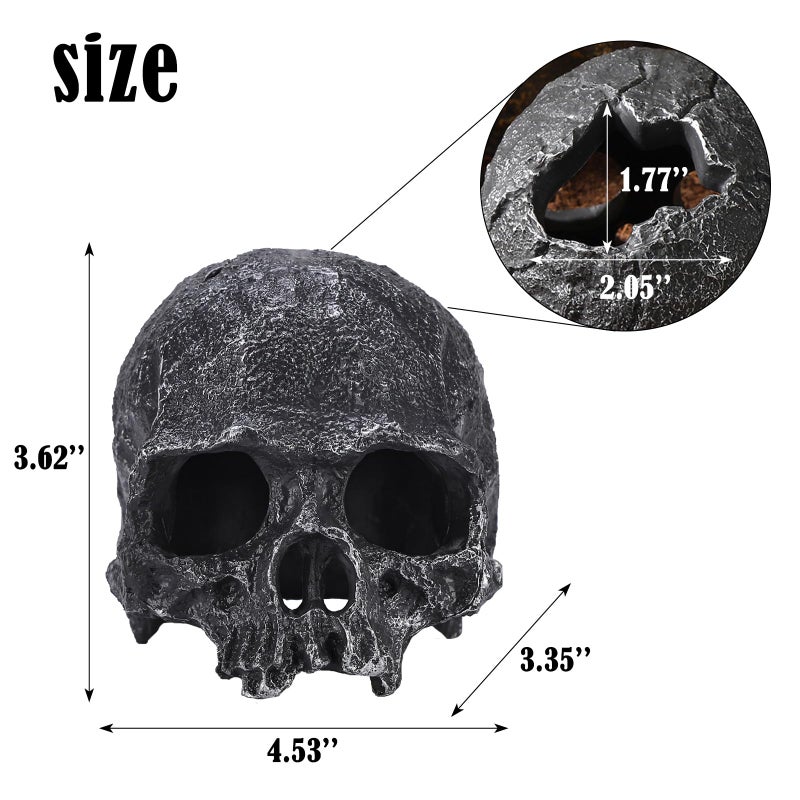 TkoYuHm Resin Reptile Hideout for Tank Realistic Skull Decor for Terrarium Black Decorative Skeleton Head Hides and Caves for Fish Ball Python Axolotl Tarantula - Image 2