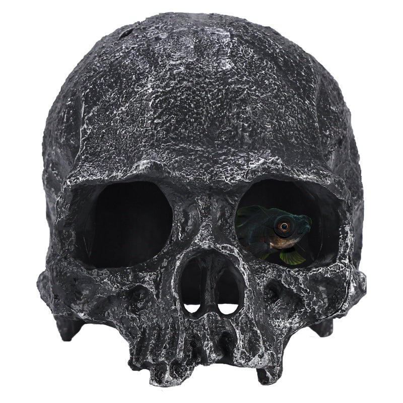 TkoYuHm Resin Reptile Hideout for Tank Realistic Skull Decor for Terrarium Black Decorative Skeleton Head Hides and Caves for Fish Ball Python Axolotl Tarantula - Image 1