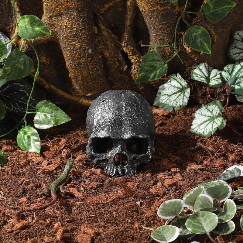 TkoYuHm Resin Reptile Hideout for Tank Realistic Skull Decor for Terrarium Black Decorative Skeleton Head Hides and Caves for Fish Ball Python Axolotl Tarantula - Image 3