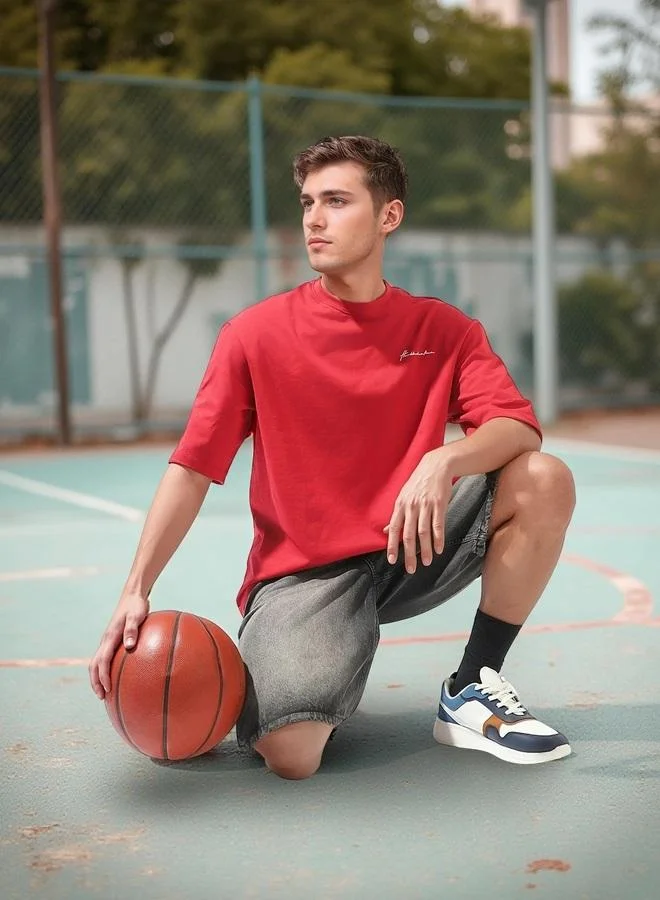 هوبرهولمي تيشيرت رجالي قطن أحمر سادة مقاس كبير