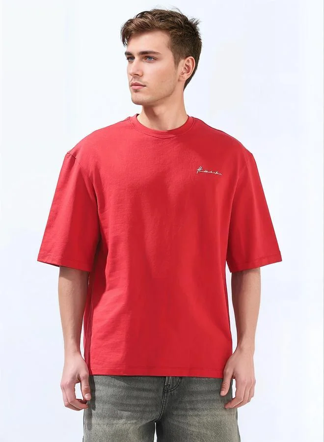 Hubberholme Red Men's Red 100% Cotton Solid Oversized T-Shirt for Men | Best Price UAE