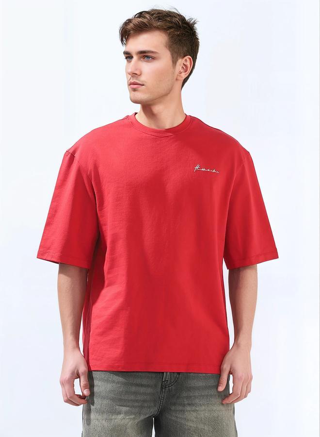 Hubberholme Men's Red 100% Cotton Solid Oversized T-Shirt - Image 5