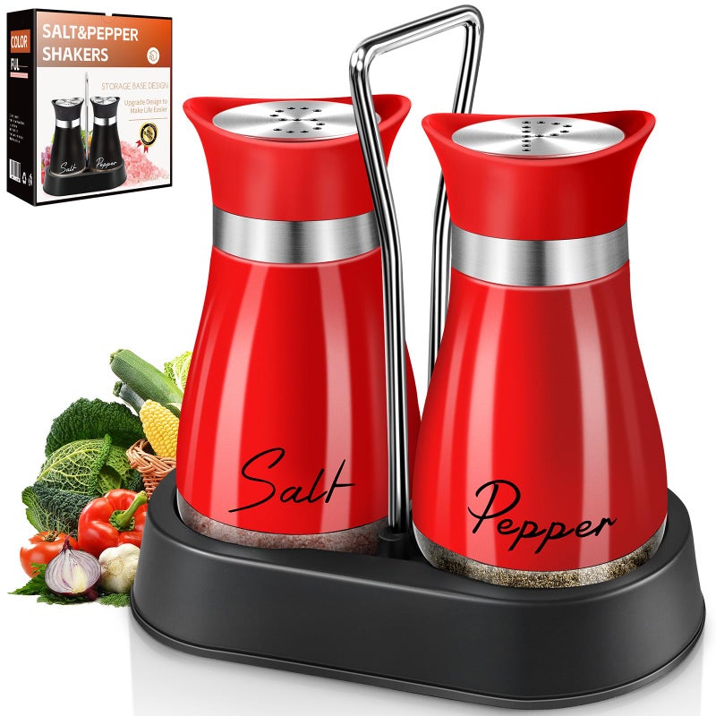 H&Foumre Salt and Pepper Shakers, Farmhouse Salt and Pepper Shakers Set with Holder, electroplated Handle, 4 oz Stainless Steel Glass Bottle Dispenser, for Table, RV, Camp, BBQ (Red) - Image 1