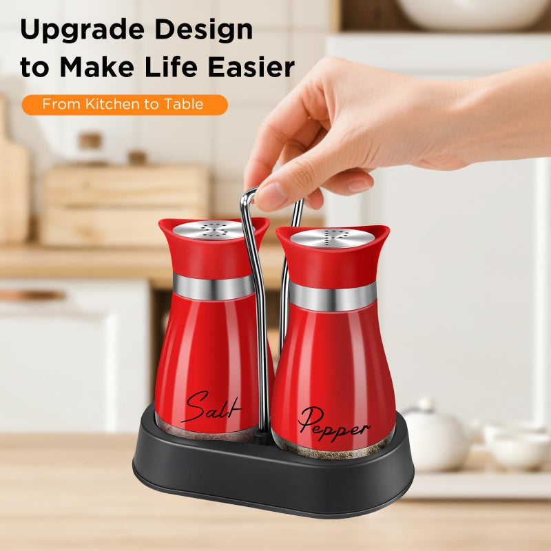 H&Foumre Salt and Pepper Shakers, Farmhouse Salt and Pepper Shakers Set with Holder, electroplated Handle, 4 oz Stainless Steel Glass Bottle Dispenser, for Table, RV, Camp, BBQ (Red) - Image 4