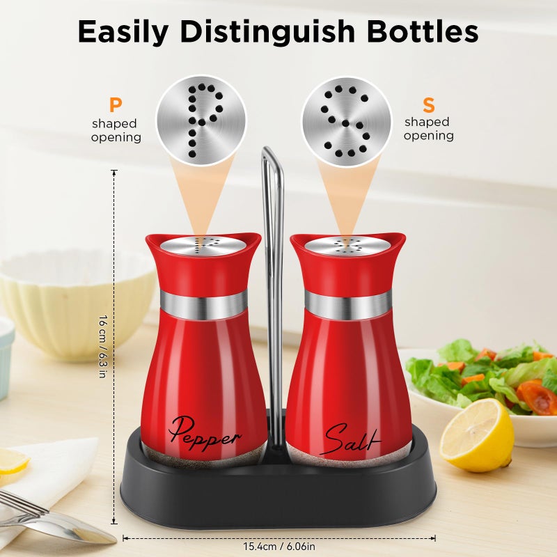 H&Foumre Salt and Pepper Shakers, Farmhouse Salt and Pepper Shakers Set with Holder, electroplated Handle, 4 oz Stainless Steel Glass Bottle Dispenser, for Table, RV, Camp, BBQ (Red) - Image 5