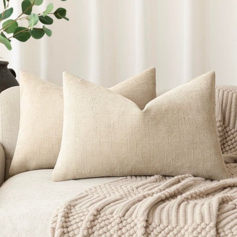 Foindtower Pack of 2 Soft Textured Throw Decorative Pillow Covers Lumbar Accent Solid Cushion Cover Cozy Neutral Farmhouse Pillow Case for Couch Sofa Bedroom Living Room 12x20 Inch, Beige - Image 1