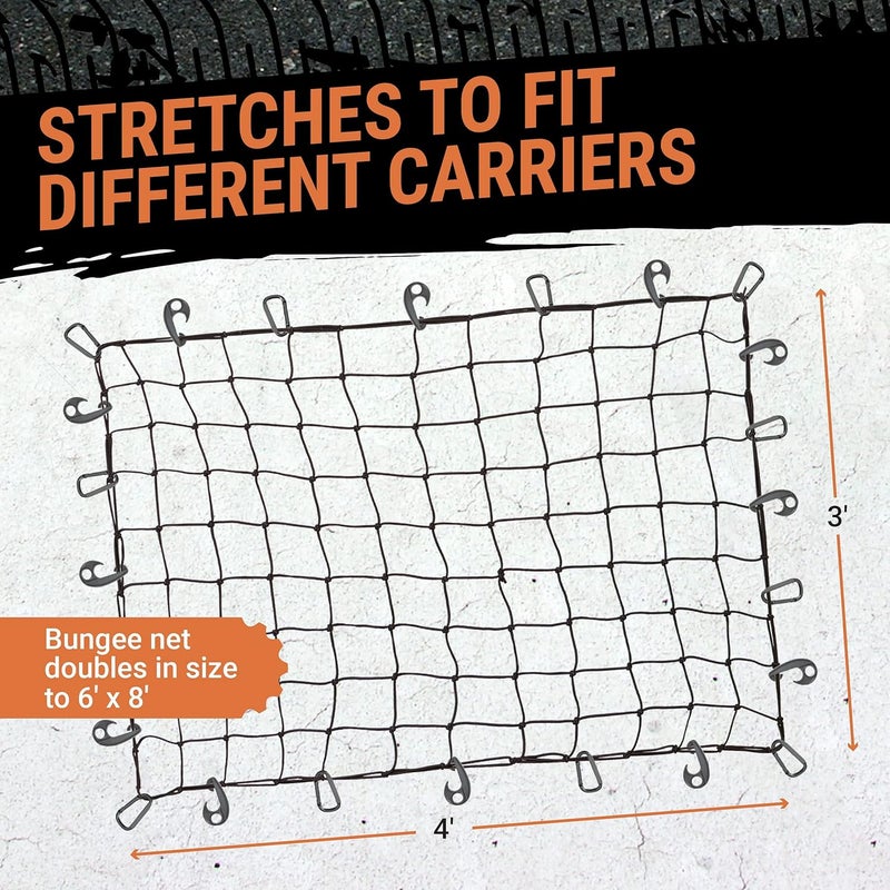 Grit Performance 3'x4' شبكة شحن فائقة التحمل، شبكة مطاطية تمتد إلى 6'x8' لحمل الأمتعة الزائدة على رف السقف | 12 حلقة تسلق فولاذية خالية من التشابك + 12 خطاف | شبكة بحجم 3.5"x3.5" تثبت الأحمال الصغيرة والكبيرة بإحكام أكبر - Image 4
