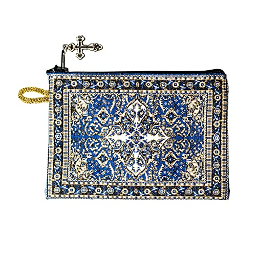 Intercession Hand-Woven Rosary Pouch, Made in Turkey with Premium Metallic Thread (Blue) - Image 1